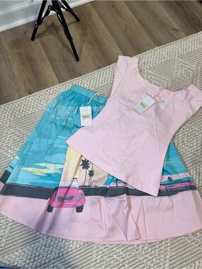 Loungefly Pink & Aqua Midi Skirt with Matching Pink Top